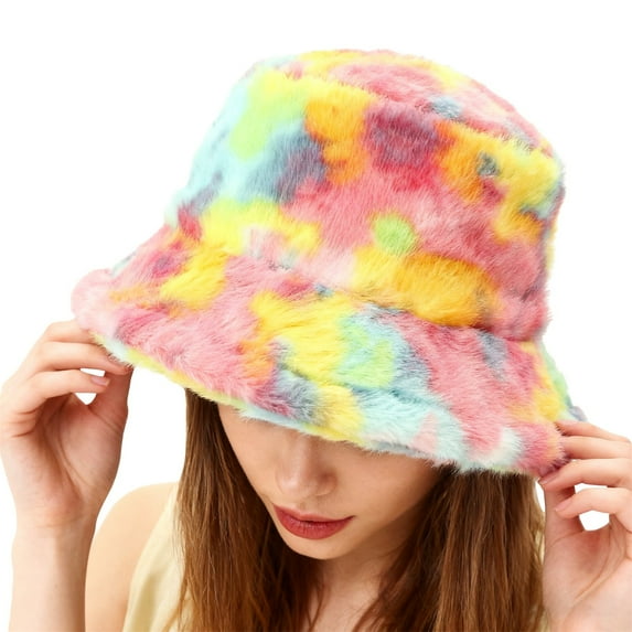 BLOCLOALO Winter Warm Colorful Plush Bucket Hats Tie-Dyed Patterned Trendy Faux Fur Fisherman Cap Fluffy Outdoor Thickened Headwear for Cold Weather Green One Size