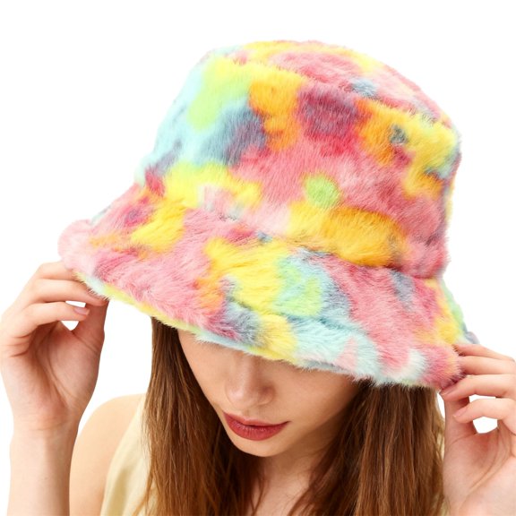 BLOCLOALO Winter Warm Colorful Plush Bucket Hats Tie-Dyed Patterned Trendy Faux Fur Fisherman Cap Fluffy Outdoor Thickened Headwear for Cold Weather Green One Size