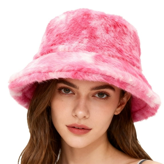 BLOCLOALO Winter Warm Colorful Plush Bucket Hats Tie-Dyed Patterned Trendy Faux Fur Fisherman Cap Fluffy Outdoor Thickened Headwear for Cold Weather Pink One Size