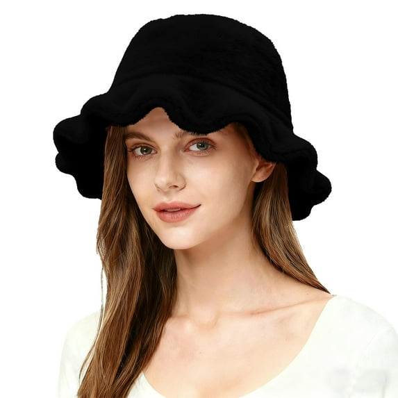 BLOCLOALO Winter Warm Plush Bucket Hats for Women Solid Color Cute Fisherman Hats with Ruffled Brim Outdoor Sun Hat for Cold Weather Black One Size