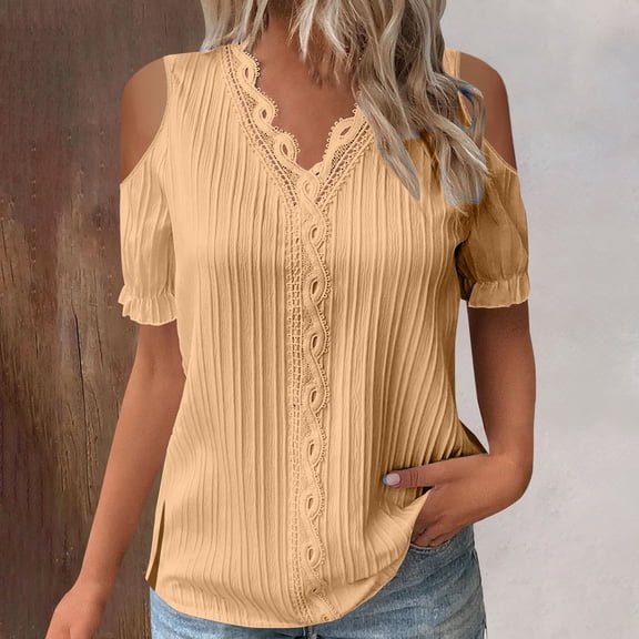 BLOCLOALO Women Blouses Cold Shoulder Tops Summer Lace Plain Lace Elegant Shirt Fashion Solid Color Elegant Blouse Short Sleeve Comfy Soft Tee V Neck Blouses Tunic Tops Basic Tees Khaki 5Xl