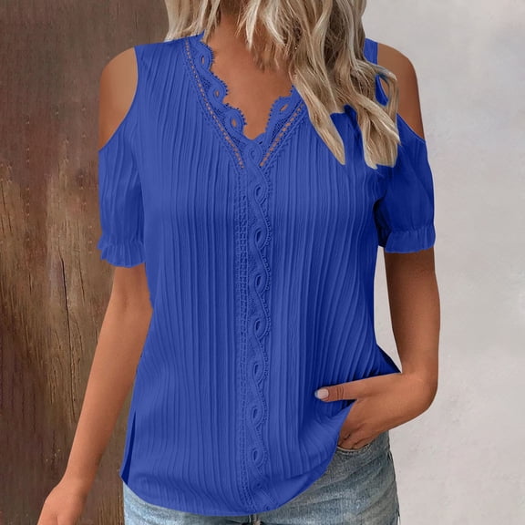 BLOCLOALO Women Blouses Cold Shoulder Tops Women Summer Lace V Neck Plain Lace Elegant Shirt Fashion Solid Color Elegant Blouse Short Sleeve Comfy Soft Tee V Neck Blouses Tunic Tops Basic Tees Blue S