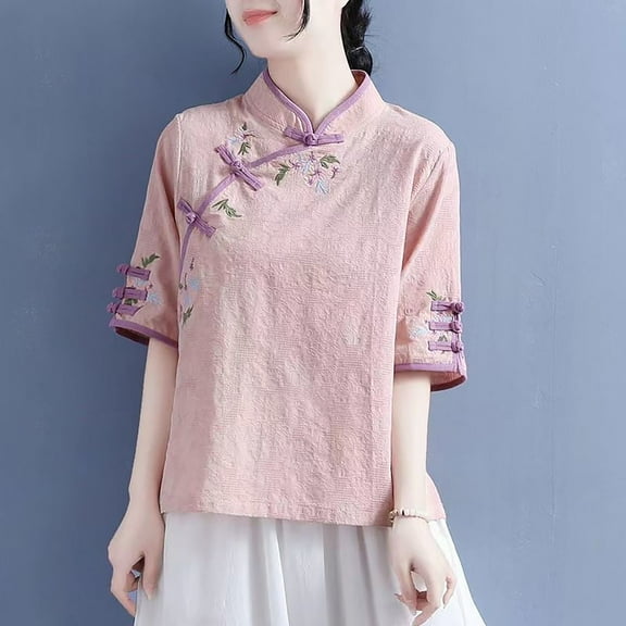 BLOCLOALO Women Blouses Loose Fitting Tops Spring/Summer Embroidered Tang Dress Half Sleeved Chinese Tea Dress Button Top Tunic Tops Cotton Linen Blouse Tops for Women Trendy Pink M