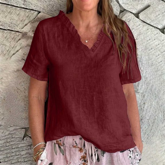 BLOCLOALO Women Blouses Tunic Tops Solid Color Casual Cotton and Linen Ruffled V Neck Shirt Short Sleeve Blouses Cotton Linen Blouse Basic Tees Wine 4Xl