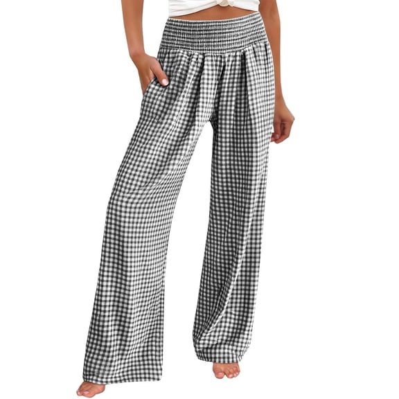 BLOCLOALO Women Striped Gingham Pants Lounge Pants Checkered Elastic High Waisted Palazzo Wide Leg Pants Casual Wide Leg Long Lounge Pant Trousers with Pocket Casual Flowy Lounge Pants Black L