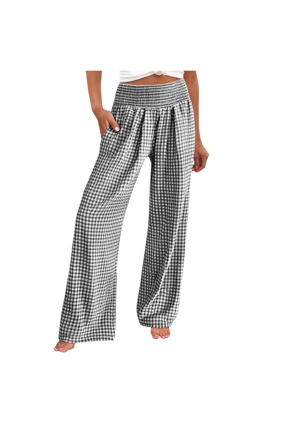 Women Striped Gingham Pants Lounge Pants Checkered Elastic High Waisted Palazzo Wide Leg Pants Casual Wide Leg Long Lounge Pant Trousers with Pocket Casual Flowy Lounge Pants Black L