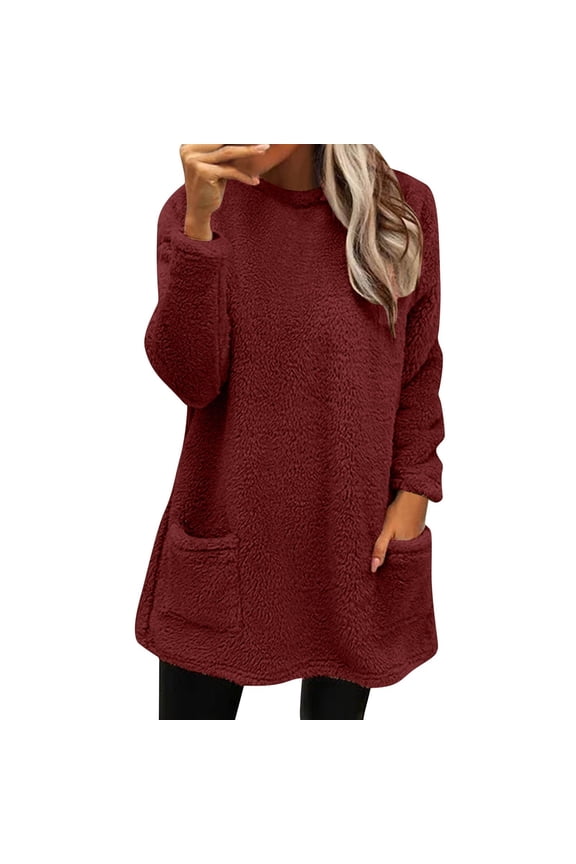 Women's Fuzzy Sherpa Sweatshirt, Long Sleeve Round Neck Tunic Top with Pockets, Casual Loose Fit Pullover for Fall & Winter Crewneck Sweatshirt Plain Sweatshirt Basic Sweatshirts Red 4Xl