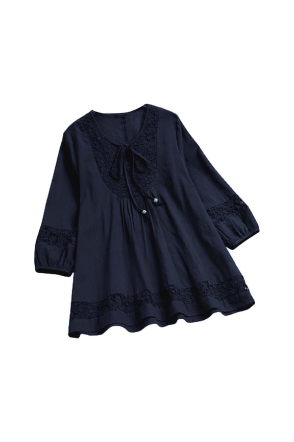 Women's Plus Size Blouse Vintage Lace Patchwork Bow V-Neck 3/4 Sleeve Cotton Linen Mexican Embroidered Shirts Lightweight Shirts Peasant Plus Size Tunic Top Tunic Shirts Tunic Tops Navy S
