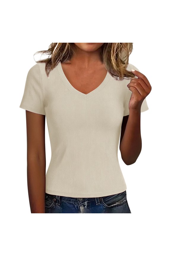 Women's V Neck Short Sleeve Tops Summer T Shirt Elegant Basic Ribbed Tee Shirts Slim Fit Tops Cute Gym Workout Clothes Summer Trendy Tight Tshirts Tight Shirts Fitted T Shirt Beige L