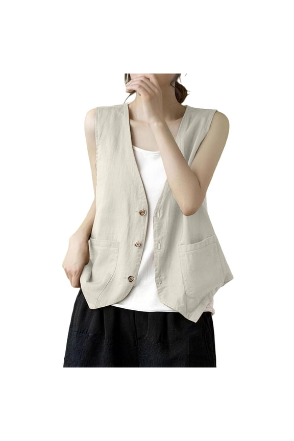 Womens Cotton Linen Vest Vintage Casual Sleeveless Blazer Button Down Jacket Lightweight Summer Loose Vests Outerwear V Neck Waistcoat Work Casual Blazer Vest Casual Cardigan Tops Beige Xl