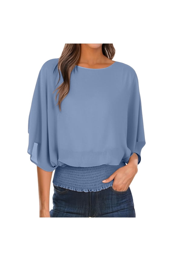 Womens Dressy Casual Flowy Chiffon Blouses Poncho Batwing Sleeve Crewneck Casual Tops Trendy Loose Fit Smocked Waist Tunic Shirts Work Office Lightweight Elegant Pullover Tops Light Blue M