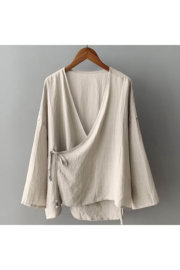 Womens Linen Tops Plus Size Women Blouses Hanten Kimono Cardigan Long Sleeve Wrap Front Linen Retro Costume Irregular Shirt Tops V Neck Blouses Cotton Blouse 3/4 Length Sleeve Tops Beige Xxl