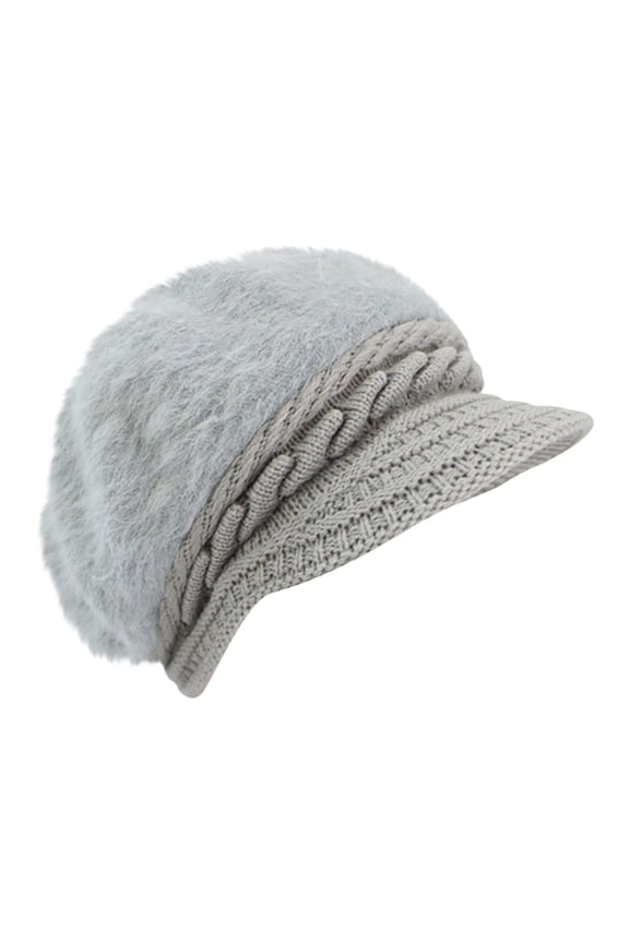 Womens Winter Plush Beanie Hat with Knit Visor Warm Fashionable Solid Colors Bomber Hats for Cold Weather Grey One Size
