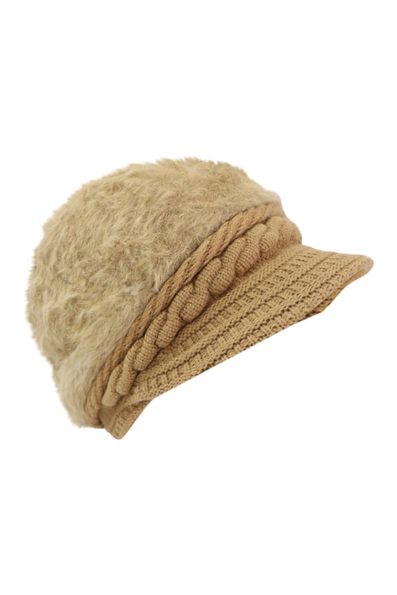 Womens Winter Plush Beanie Hat with Knit Visor Warm Fashionable Solid Colors Bomber Hats for Cold Weather Khaki One Size