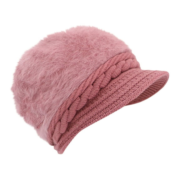 BLOCLOALO Womens Winter Plush Beanie Hat with Knit Visor Warm Fashionable Solid Colors Bomber Hats for Cold Weather Light Pink One Size