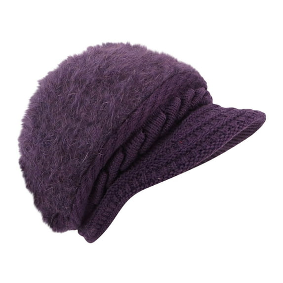 BLOCLOALO Womens Winter Plush Beanie Hat with Knit Visor Warm Fashionable Solid Colors Bomber Hats for Cold Weather Purple One Size