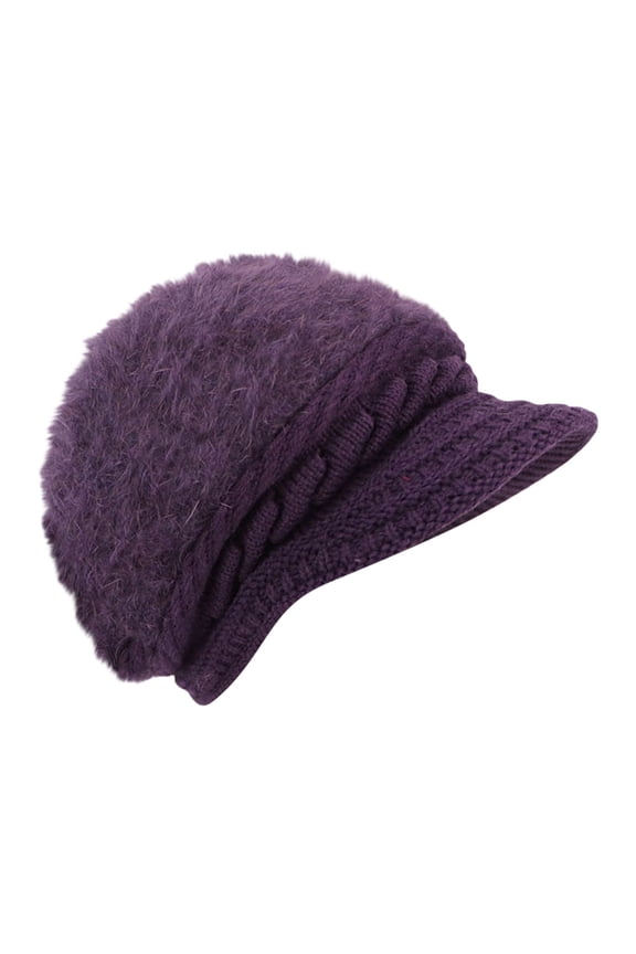 Womens Winter Plush Beanie Hat with Knit Visor Warm Fashionable Solid Colors Bomber Hats for Cold Weather Purple One Size