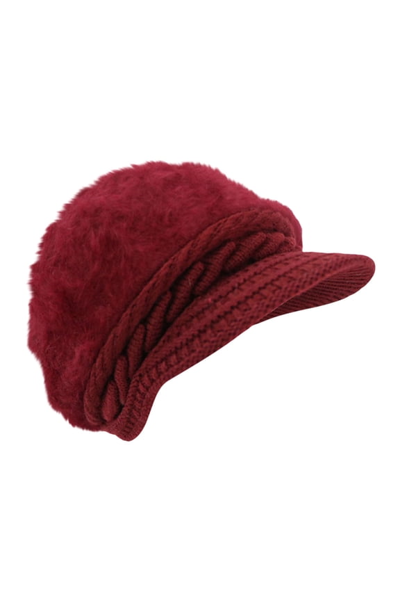 Womens Winter Plush Beanie Hat with Knit Visor Warm Fashionable Solid Colors Bomber Hats for Cold Weather Wine One Size