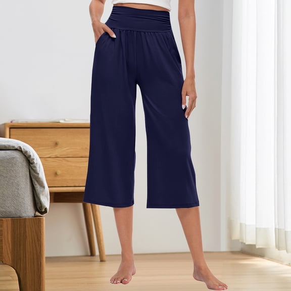 BLOCLOALO Yoga Pants Stretch Pants Women's Stretch Knit Elastic Waist Slant Pocket Loose Running Yoga Casual Capri Pants Capri Pants Workout Pants Pants with Pockets Navy S