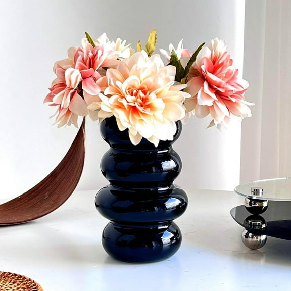 BLOFLO Glass Hydroponic Flower Vase, 7-Inch Black Glass Vase, Four-Layer Geometric Glass Floral Vase for Home Décor, Modern Bubble Glass Vase for Home Office Wedding Table (Black)