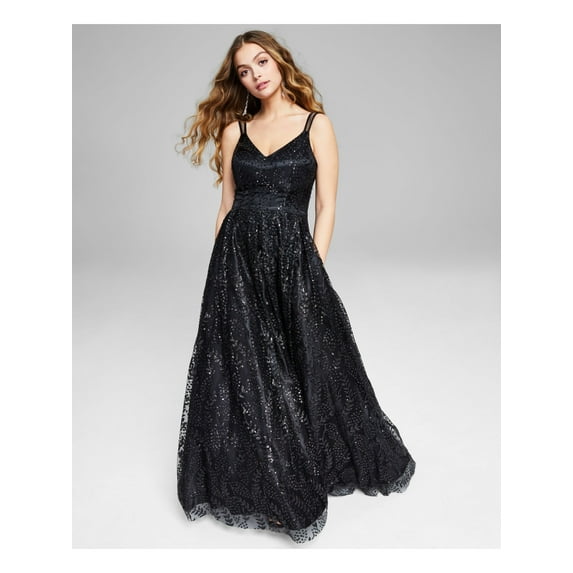 BLONDIE NITES Womens Black Glitter Sequined Pocketed Zippered Lined Sleeveless V Neck Full-Length Prom Gown Dress Juniors 1