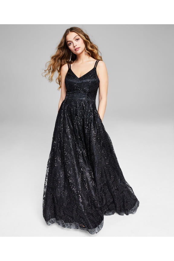 Womens Black Glitter Sequined Pocketed Zippered Lined Sleeveless V Neck Full-Length Prom Gown Dress Juniors 1