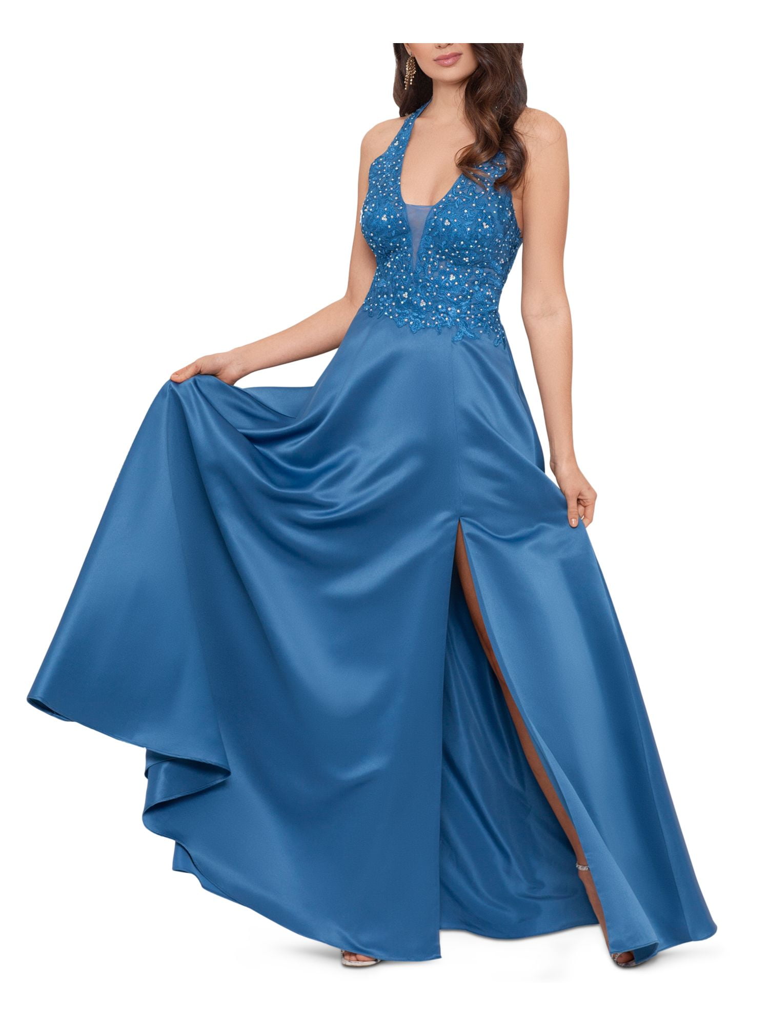 BLONDIE NITES Womens Blue Embellished Zippered Plunging V neck