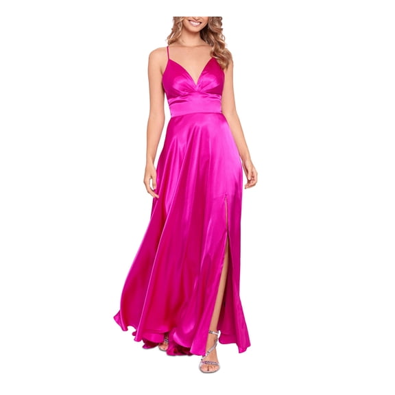 BLONDIE NITES Womens Pink Slitted Zippered Corset Back Spaghetti Strap V Neck Full-Length Formal Gown Dress Juniors 1