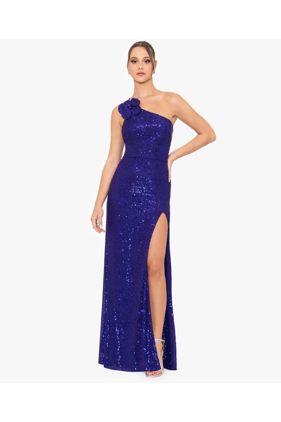 Womens Purple Zippered Slitted Rosette Shoulder Lined Sleeveless Asymmetrical Neckline Full-Length Formal Gown Dress Juniors 3