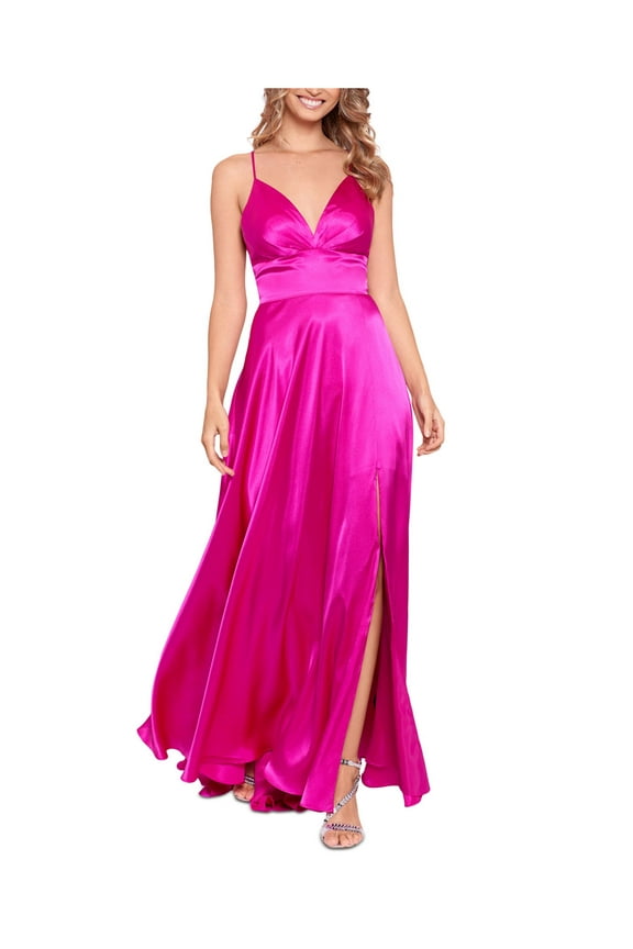 Womens Pink Slitted Zippered Corset Back Spaghetti Strap V Neck Full-Length Formal Gown Dress Juniors 5