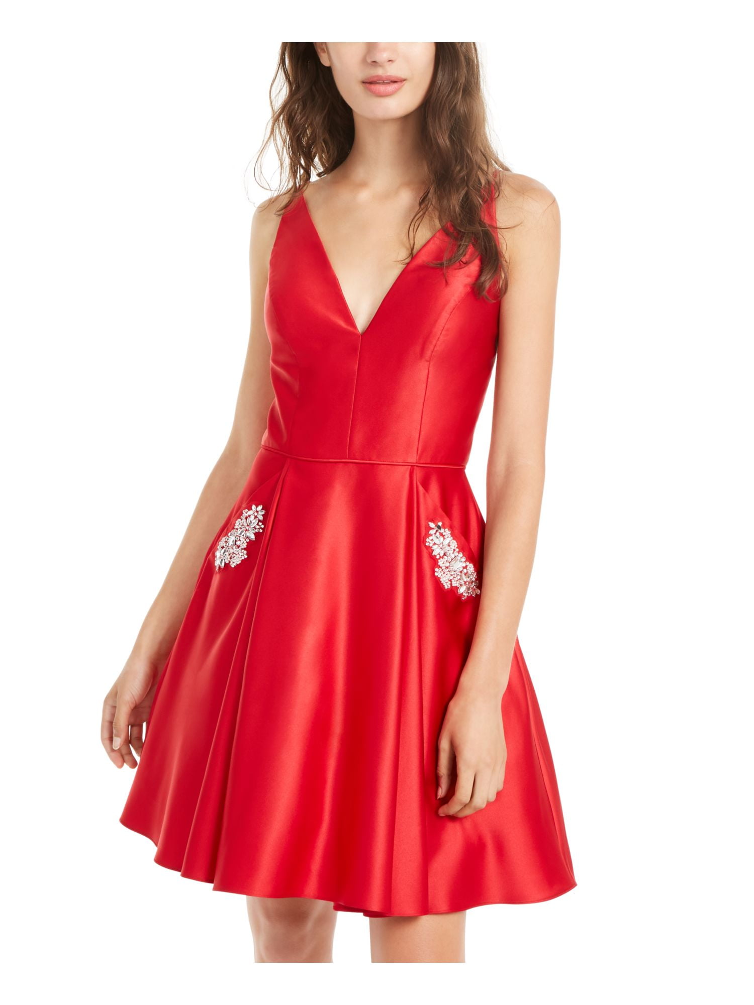 strapless open back dress Satin Fit & Flare Dress in Black & Red main image 1