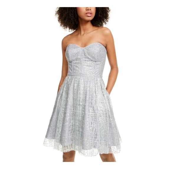 BLONDIE Womens Silver Glitter Sleeveless Sweetheart Neckline Above The Knee Evening Fit + Flare Dress 1