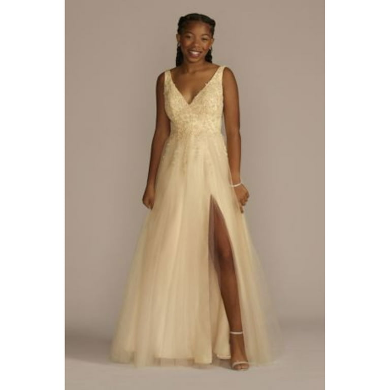 BLONDIE Womens Yellow Embellished Textured Spaghetti Strap V Neck Full Length Formal Fit Flare Dress Juniors 9 Walmart