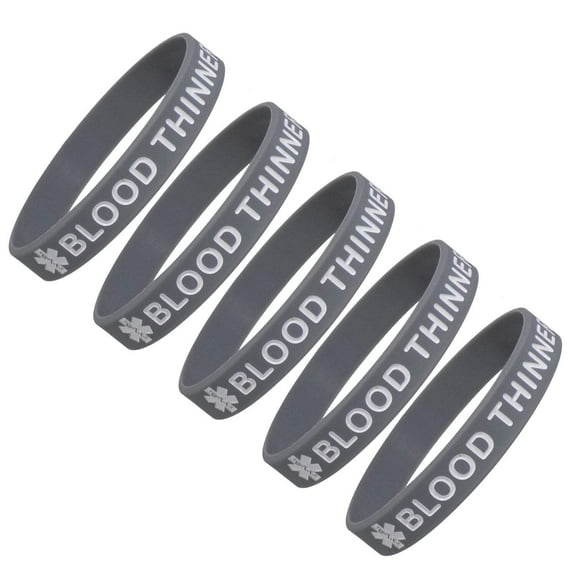 "BLOOD THINNER" Medical Alert ID Silicone Bracelet Wristbands 5 Pack