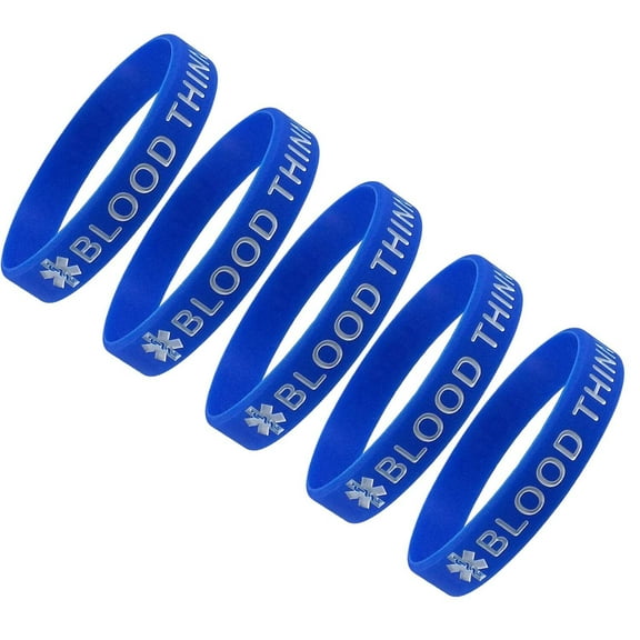 "BLOOD THINNER" Medical Alert ID Silicone Bracelet Wristbands 5 Pack