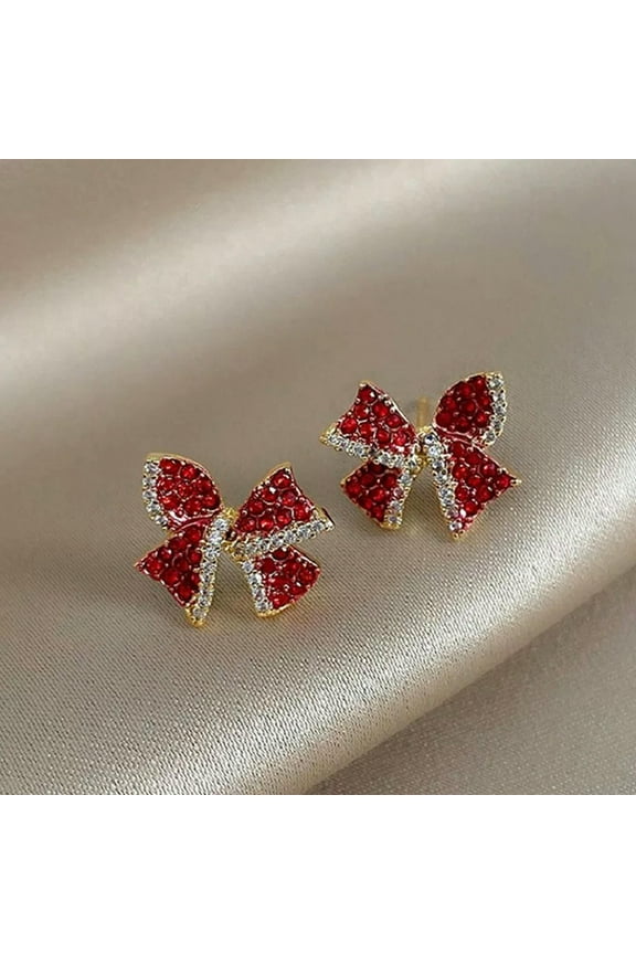 Christmas Red Bow Crystal Full Zircon Earrings Stud Dangle Women Party Jewelry-default