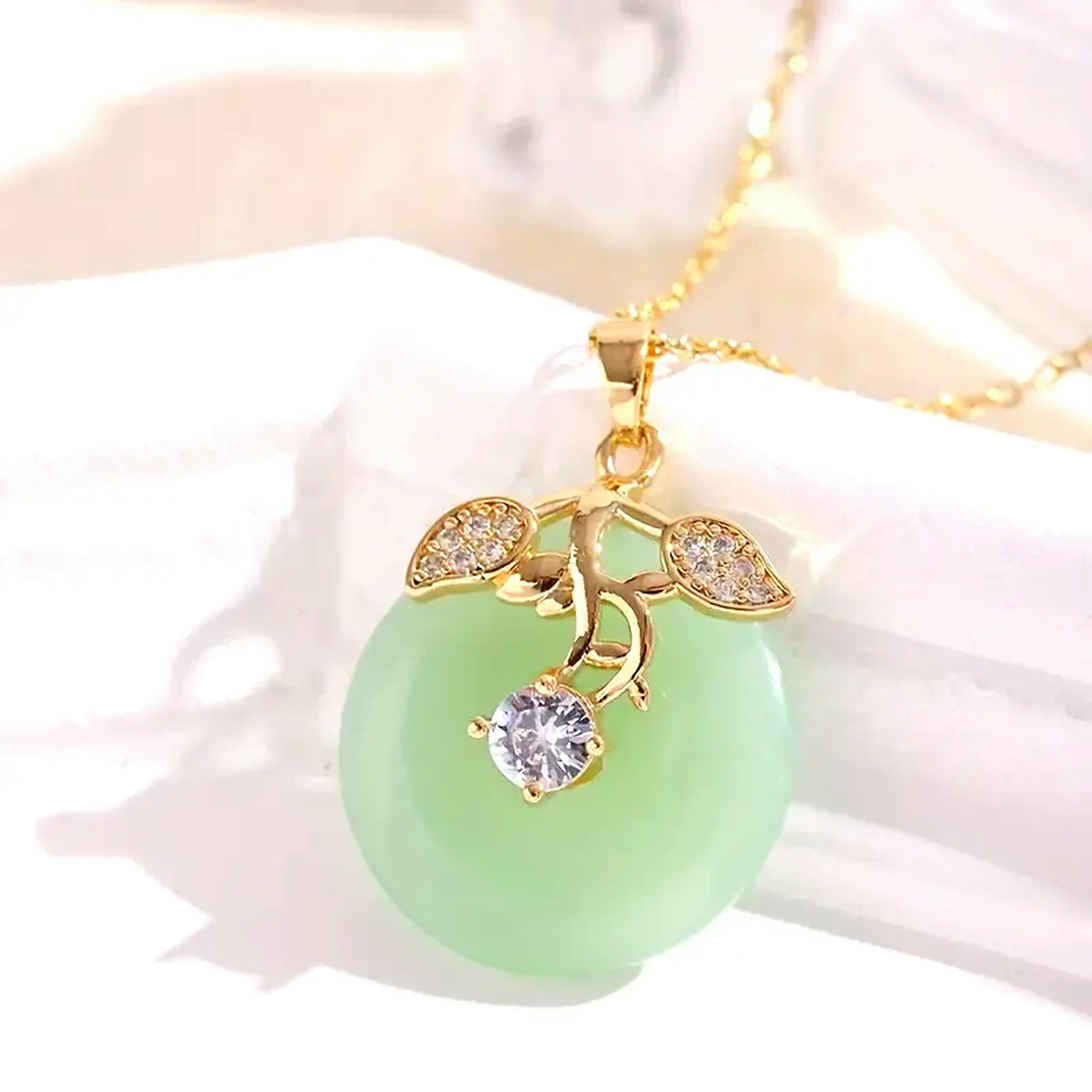 BLOPQ Round Imitation Jade Pendant Necklace 18K Gold Plated Leaf Jewelry Women Fashion-default