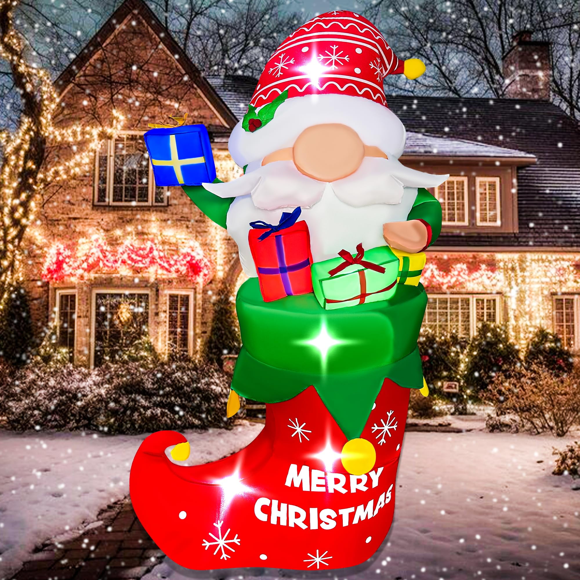 BLOWOUT FUN Christmas Inflatables 5FT Gnome Holding Gift in Sock ...