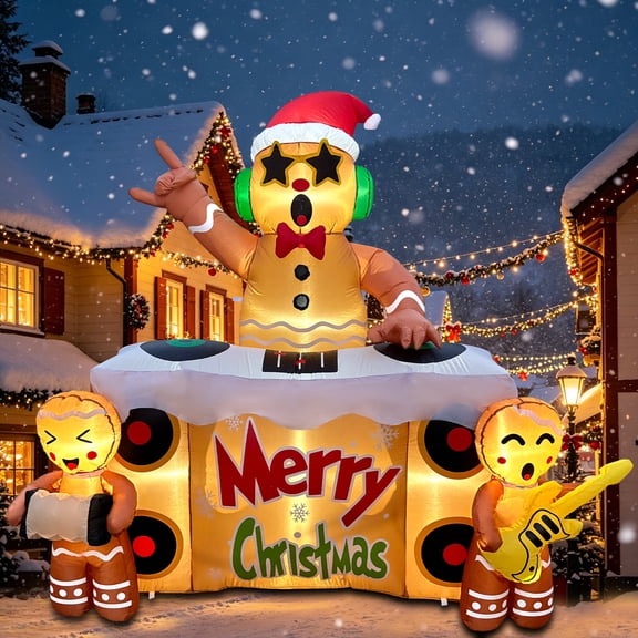 6FT Christmas Inflatable DJ Gingerbread Man, Cute Blow Up Gingerbread Man with Star Sunglasses Playing Music on Turntable, Lively Festive Inflatable Decoration for Garden Lawn Holiday Party Art Decor