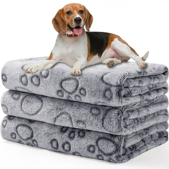 BLRTUN 3 Pack Blankets Fluffy Premium Fleece Pet Blanket Flannel Paw Printed Throw for Dog Cat Grey Paw