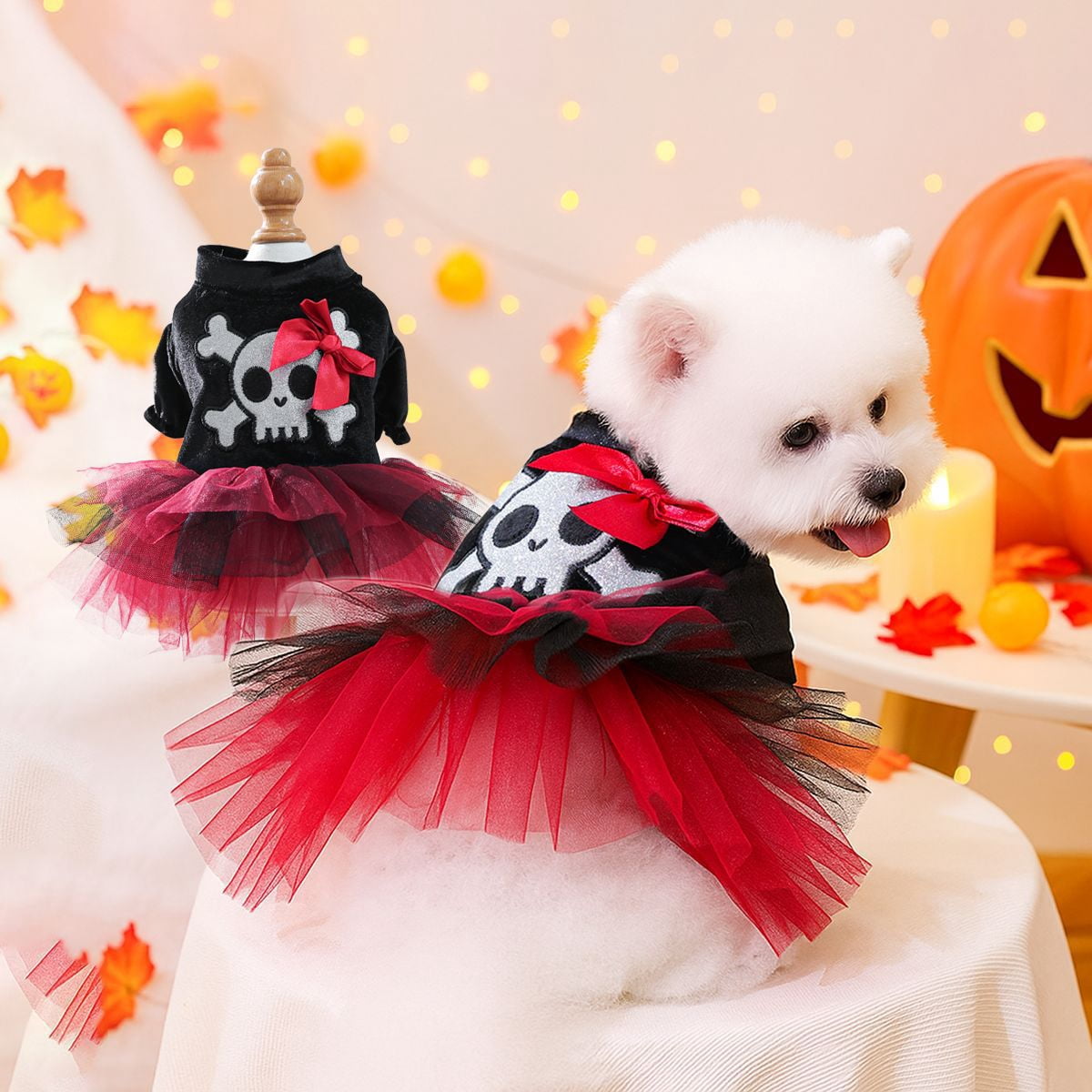 BLRTUN Halloween Dog Dress Costumes for Small Dogs Girl Tulle Dress Dog Clothes Skull Holiday Pet Costume Cat Outfits