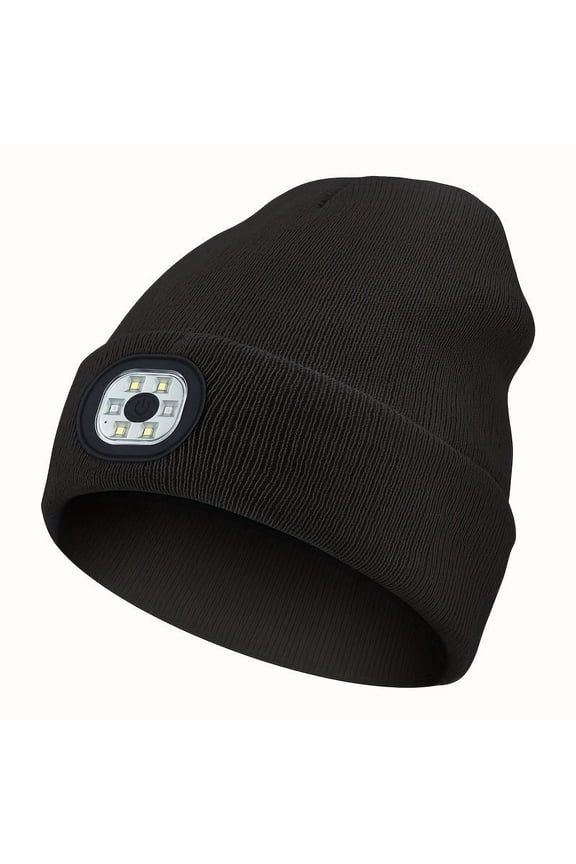 Candy Color LED Beanie With Light Unisex Headlamp Cap Elastic Coldproof Knit Hats Lightweight Casual Skull Cap For Women & Men Black