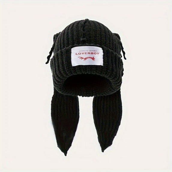 BLSCODE Cute Bunny Beanie With Ears Trendy Label Patch Long Ears Rabbit Beanies Solid Color Elastic Knit Hats Cuffed Skull Cap Ski Hat For Women Black