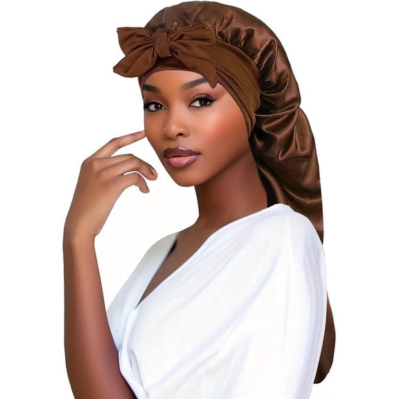 BLSCODE Long Satin Braids Bonnets for Women Adjustable Sleeping Cap Elastic Silk Braid Bonnets with Tie Satin Band Sleep Cap Coffee