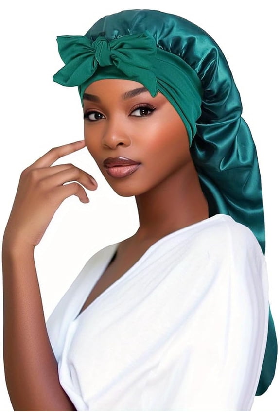 Long Satin Braids Bonnets for Women Adjustable Sleeping Cap Elastic Silk Braid Bonnets with Tie Satin Band Sleep Cap Cyan