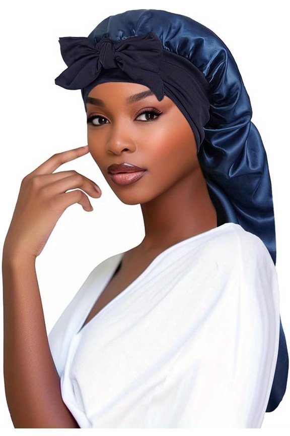 Long Satin Braids Bonnets for Women Adjustable Sleeping Cap Elastic Silk Braid Bonnets with Tie Satin Band Sleep Cap Navy
