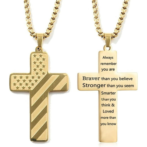 BLSCODE Men Women Religious Jewelry American Flag Patriotic Cross Pendant Necklaces Christian Religious Necklace Jewelry Gold