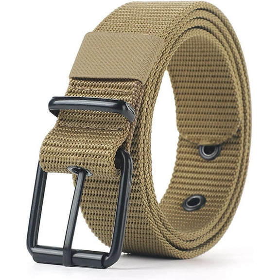 BLSCODE Men's Belts for Jeans, Men's Perforated Canvas Belt with Metal Buckle Breathable Nylon Casual Belt for Work Travel Khaki