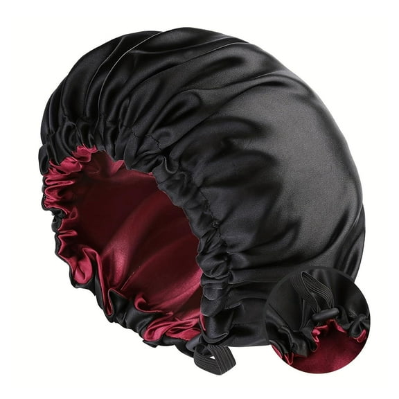 BLSCODE Silk Satin Bonnet Sleeping for Women Shower Cap Curly Braids Hair, Double Layer, Adjustable Satin Cap for Night Sleeping Hair Bonnet, Hair Loss Prevention Black/Red