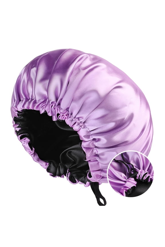 Silk Satin Bonnet Sleeping for Women Shower Cap Curly Braids Hair, Double Layer, Adjustable Satin Cap for Night Sleeping Hair Bonnet, Hair Loss Prevention Light Purple/Black